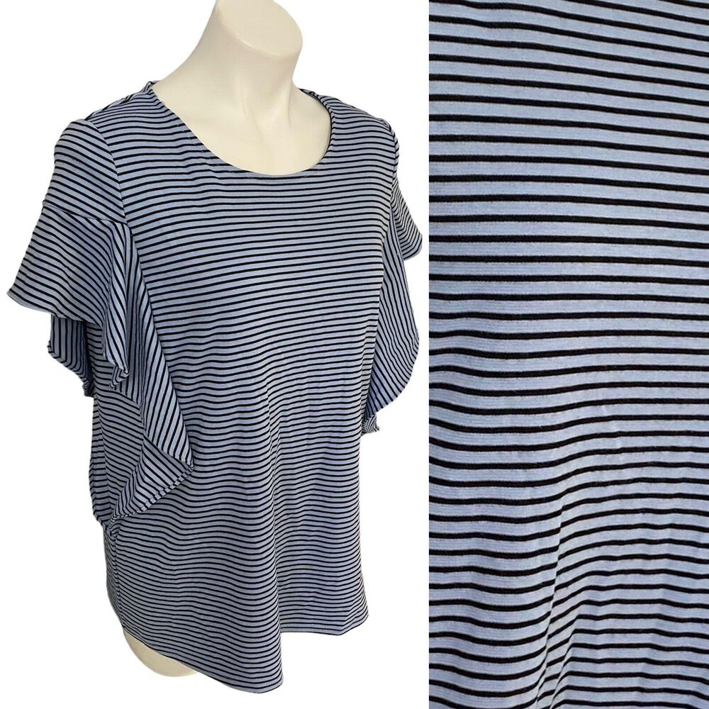 Worthington Top Womens Medium Flutter Ruffle Periwinkle Blue Stripe Work Career